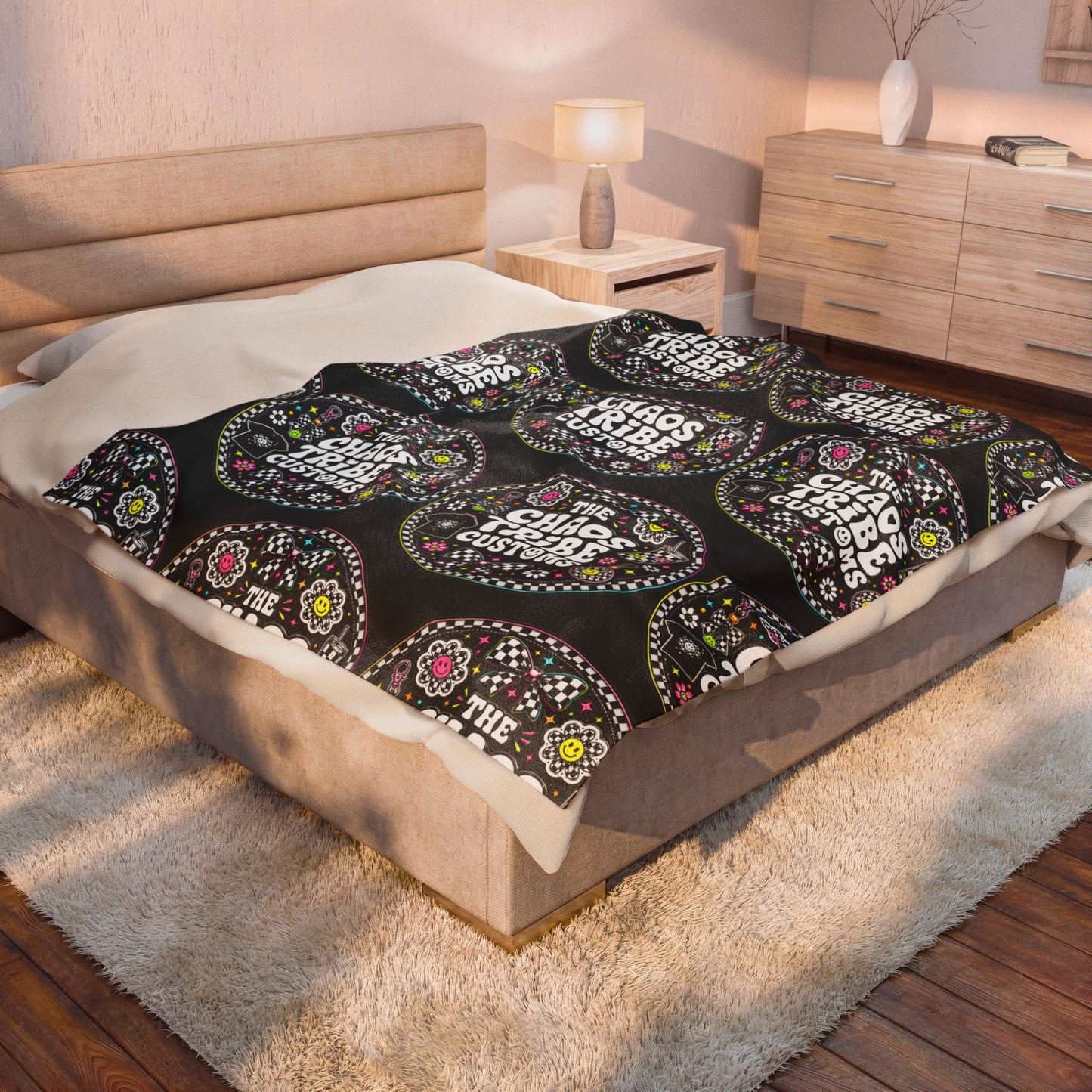 Velveteen Plush Blanket – 'The Chaos Tribe Customs' Floral Logo Throw