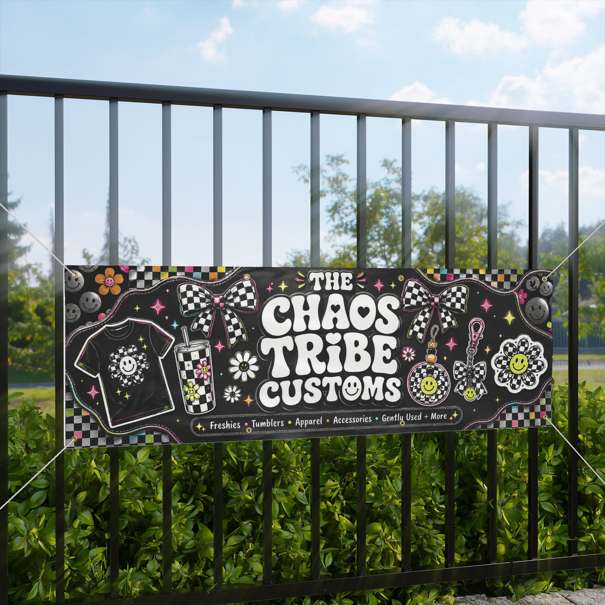 Rainbow Cheer Custom Banner — "Chaos Tribe Customs" Matte Outdoor Sign