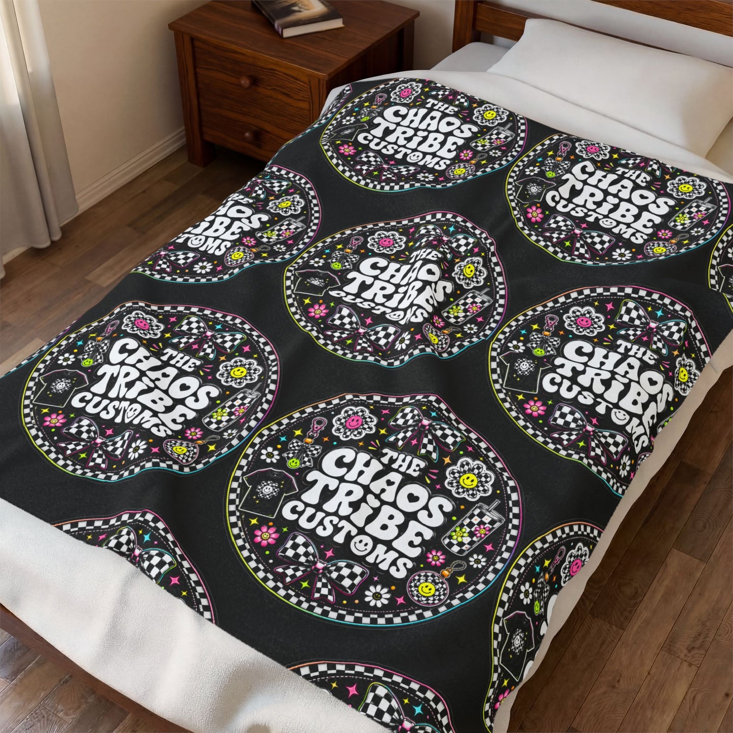 Velveteen Plush Blanket – 'The Chaos Tribe Customs' Floral Logo Throw