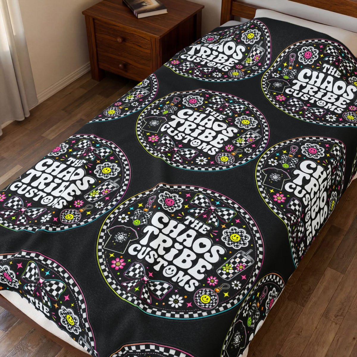 Velveteen Plush Blanket – 'The Chaos Tribe Customs' Floral Logo Throw
